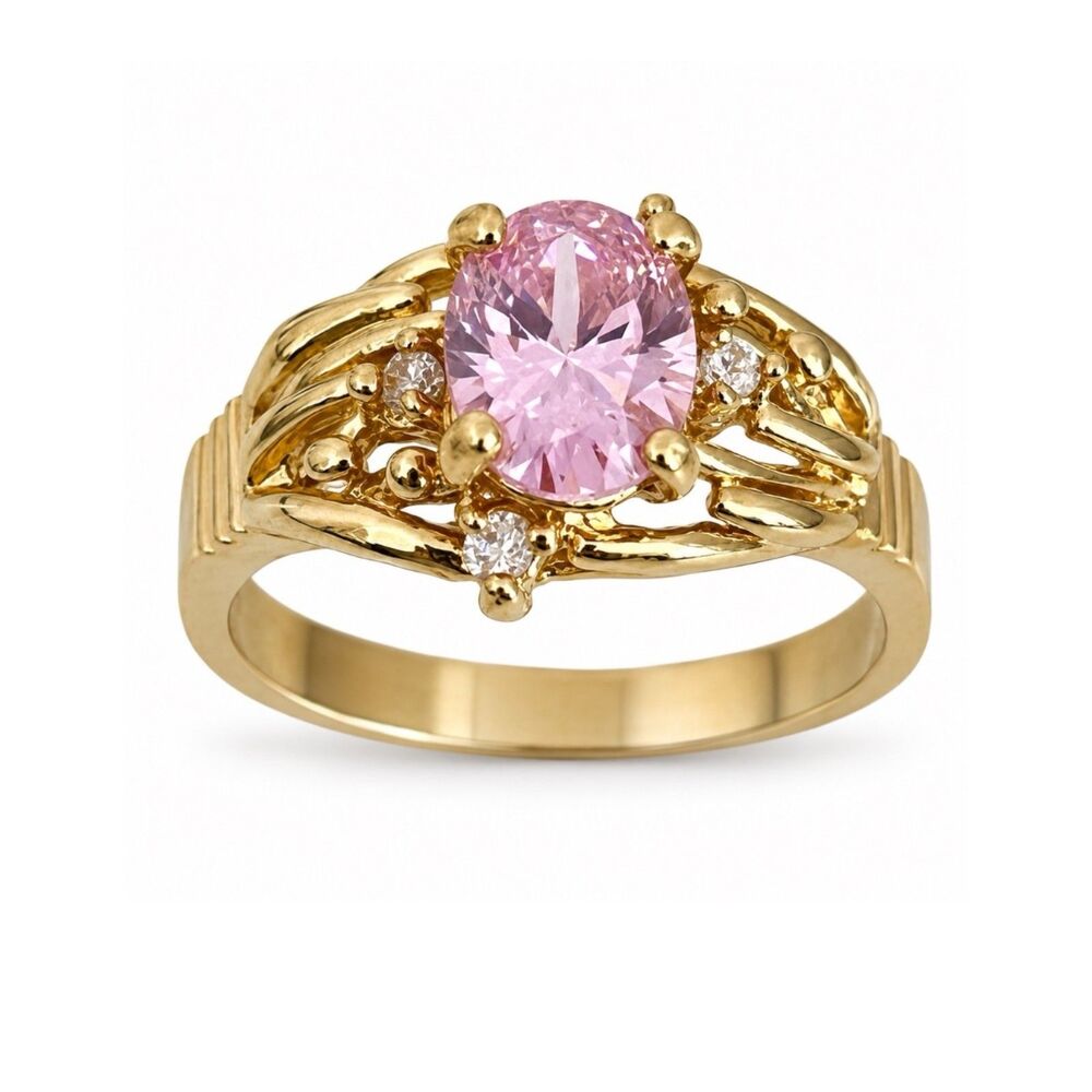 Vintage 1970s Ring Size 7 Pink CZ Cocktail Gold Plated Band - 14V